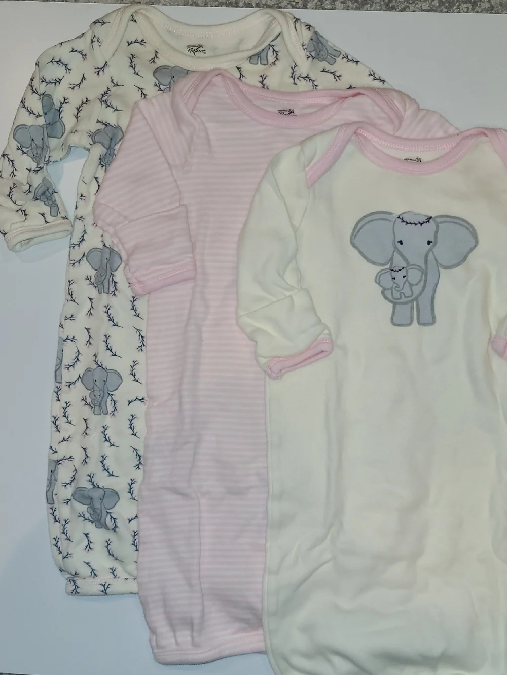 3-Pack Baby Girls Organic Cotton Pink & White Elephant Gown Sleepers 0-6 Months